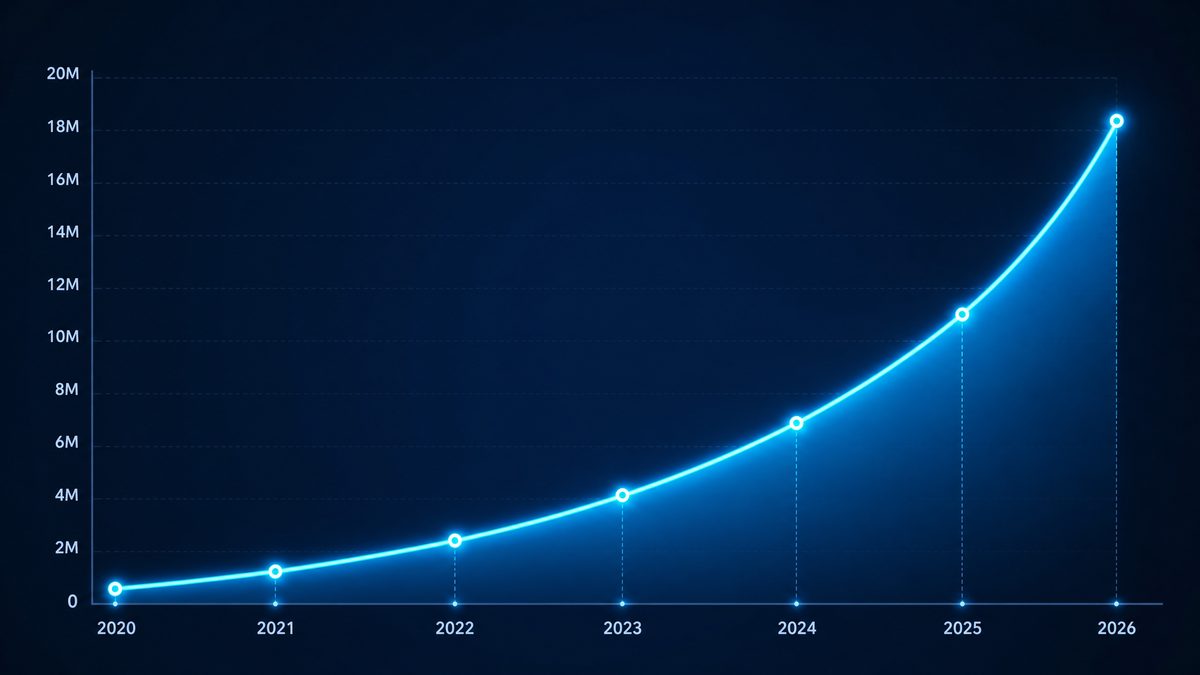 吃瓜黑料用户增长数据图表,展示2020-2026年注册用户从50万增长至1800万的趋势